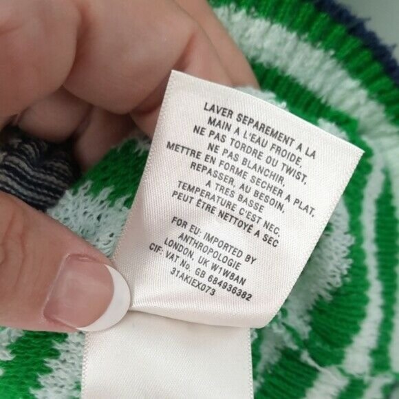 Anthropologie HWR Green White Striped Puff Sleeve Navy Blue Tie Neck Cardigan XS - Picture 10 of 11